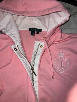 Lauren Ralph Lauren Women's Full Zip Gold Snaps Hooded Jersey Jacket PinkSize 3x