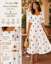 Kindred Butterfly Embroidered Smocked Midi Dress Puff Sleeve White Size M