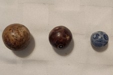 Lot of 3 Antique Bennington Clay Marbles. Lt brown 1", dk brown 7/8", blue 5/8".
