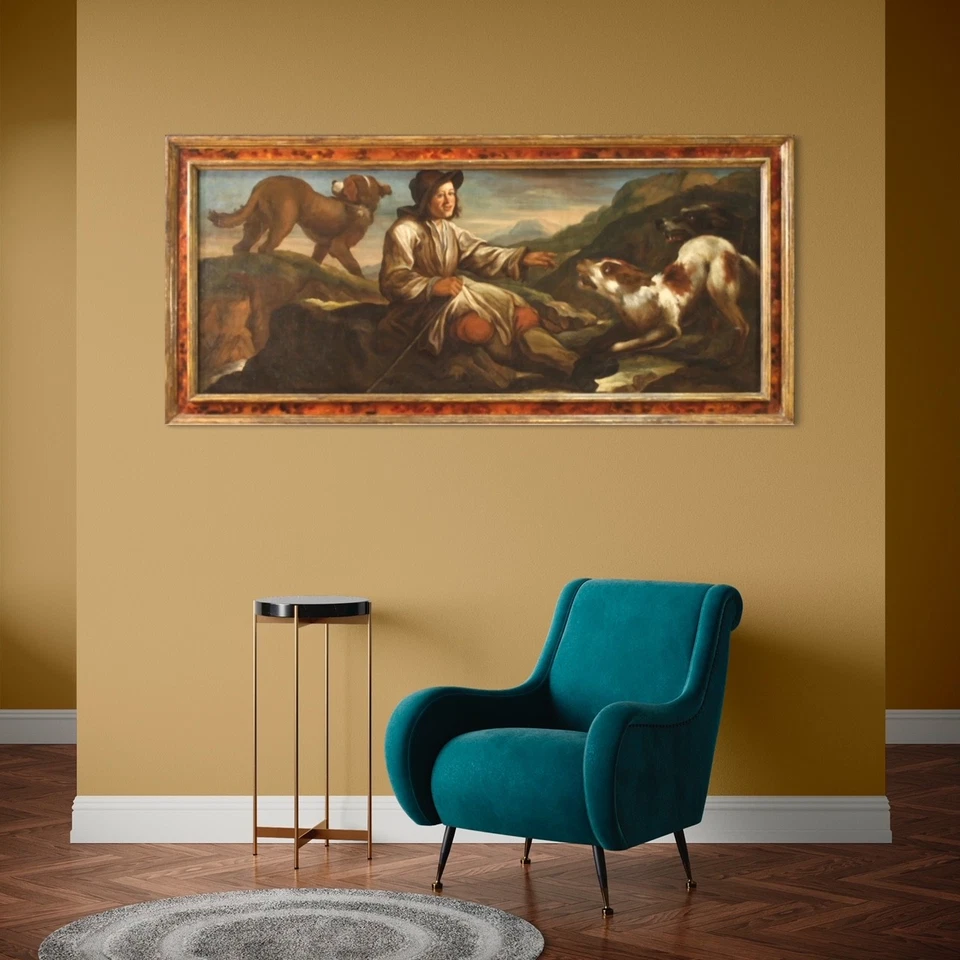 Pintura española óleo sobre lienzo cuadro arte pastor con perros siglo XVII 600 - Imagen 2 de 4