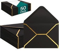 50 Pack Black A7 Envelopes 5X7, Self Adhesive with Gold Border for Invitations
