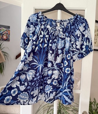 Next Morris & Co Hyacinth Blue Navy Floral Tie Neck Floaty Top Blouse Size 26-28