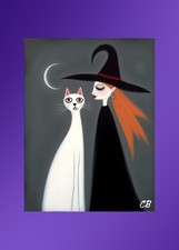 Witch & White Cat | ACEO Art Card | Dark Horror | Crescent Moon Folk Art
