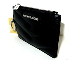 Michael Kors Jet Set Small Top Zip Coin Pouch Black Quilted Leather Key Ring NWT