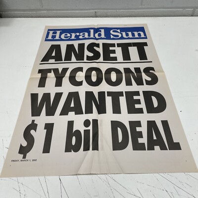 ORIGINAL Cage Poster Newspaper Australia 2002 Ansett Tycoons Wanted $1 Bil Deal