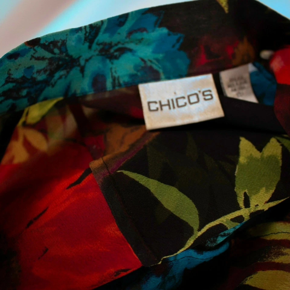 CHICO'S Red Turquoise Orange Green Black Floral Women Silk Top Size M L - Image 2 of 4