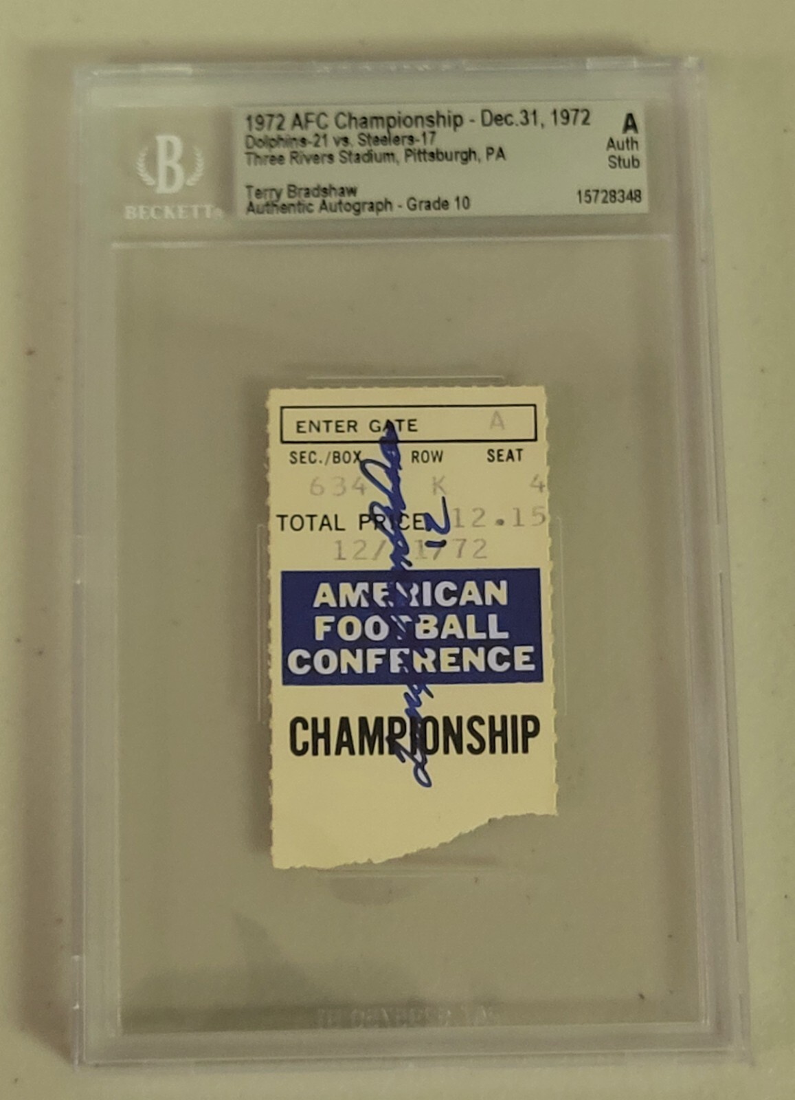 Terry Bradshaw Autographed Signed Pittsburgh Steelers 1972 AFC Championship Ticket Beckett Encap Auto 10 Steeler 