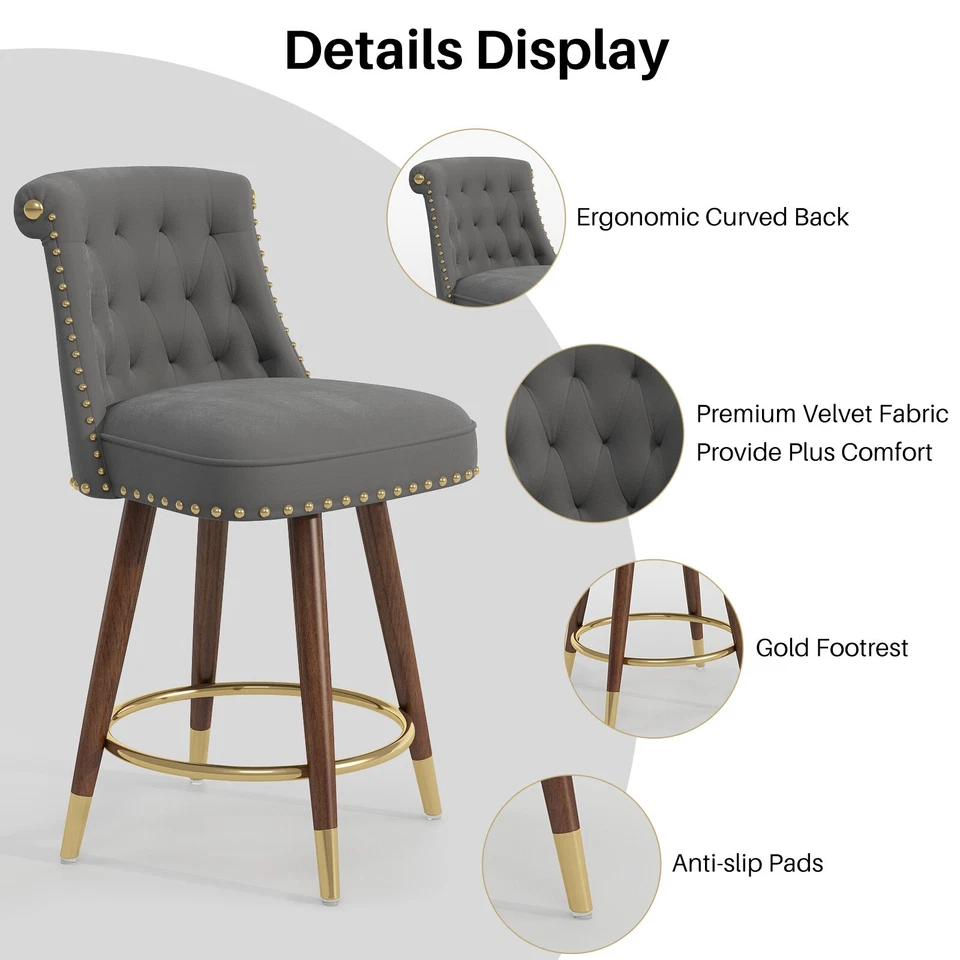 24" Velvet Counter Height Bar Stools Swivel Bar Stools Set of 2 Wood Legs Gray - Image 4 of 4
