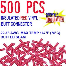 500Pcs Red 22-18 Gauge AWG Ga Wire Butt Connectors Vinyl Car Radio Terminals