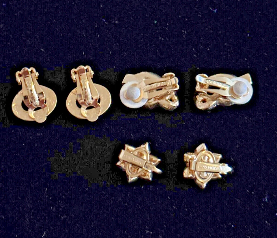 设计师耳环 Nina Ricci 复古 14K 镀金 批量 3 对夹子 水晶 美国 — 第 2/4 张图片