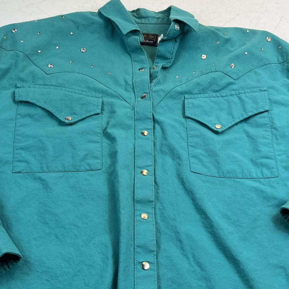 Vtg. Panhandle Slim WesternShirt. Sz. Large. Green. Flat Silver Snaps. Rhinstone - Image 2 of 4