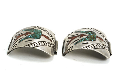 Vintage Navajo S. Dixon Silver & Turquoise & Inlay Peyote Bird Watch End Pieces