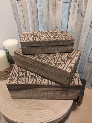 3er Set Holzkisten mit Bambusmotiv