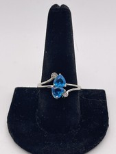 Sterling Silver Blue Stone Heart To Heart Ring Love Band Solid 925 Size 9.5