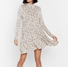 Nasty Gal Tier and Now Cream & Black Dotted Mock Neck Tiered Mini Dress 10 Women