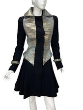 Nwt Versace Black Wool Leather Crocodile Pattern Fitted Coat Italian 38 - Us 4