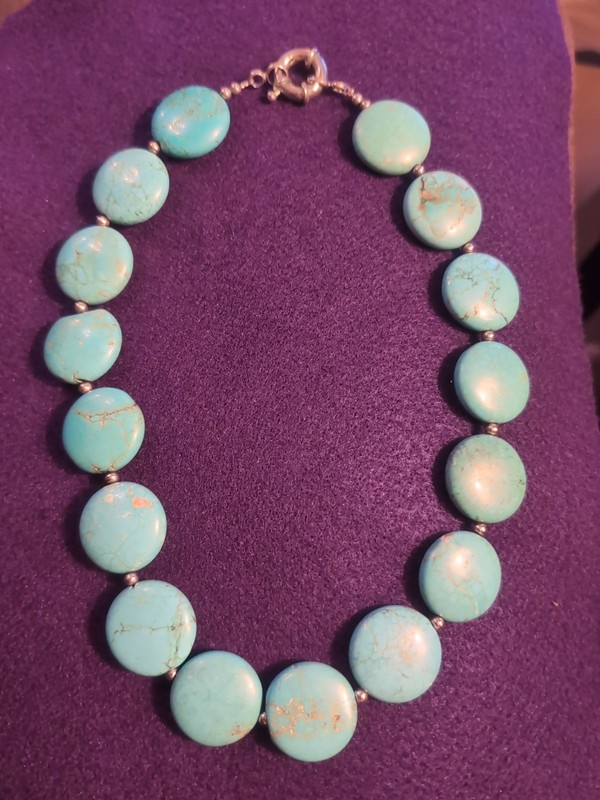 necklace featuring blue  turquoise stone discs 925