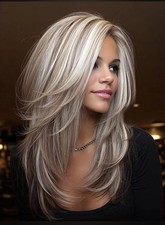 Human Hair New Fashion Layered Long Natural Golden Brown Wavy Women's Wigs 20 in