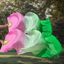Pair Left Right Belly Dance Show Carnival Gradient Color Silk Bamboo Fan Veil