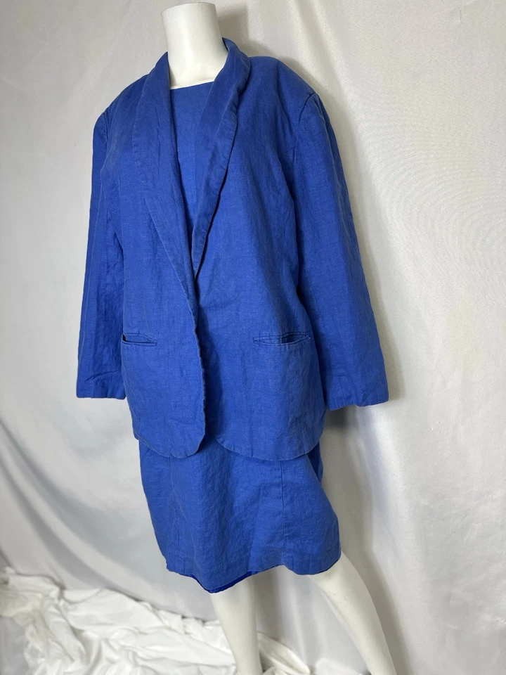 SAMANTHA Taylor 女式复古 2 件蓝色亚麻正装西装套装 16W — 第 2/4 张图片