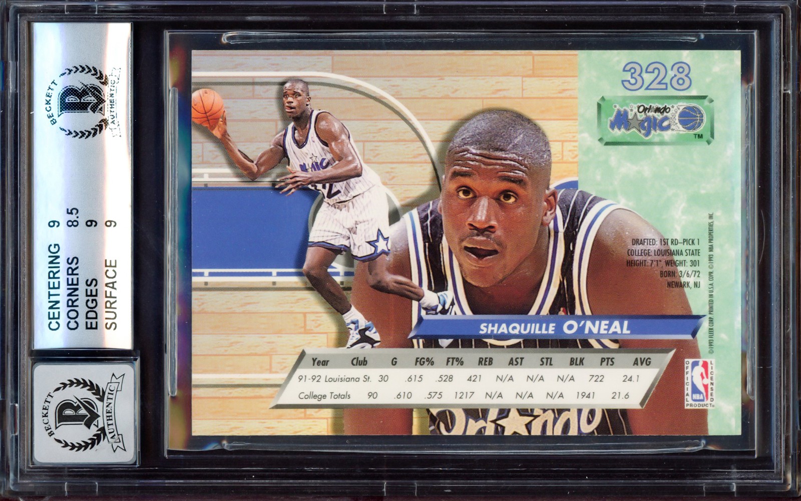 Shaquille O'Neal Auto 1992-93 Fleer Ultra RC 328 Magic BGS 9 Auto 10 Beckett view 2