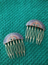 Pair Of Cloisonne Vintage Enamel Peacock Hair Accessory/Combs