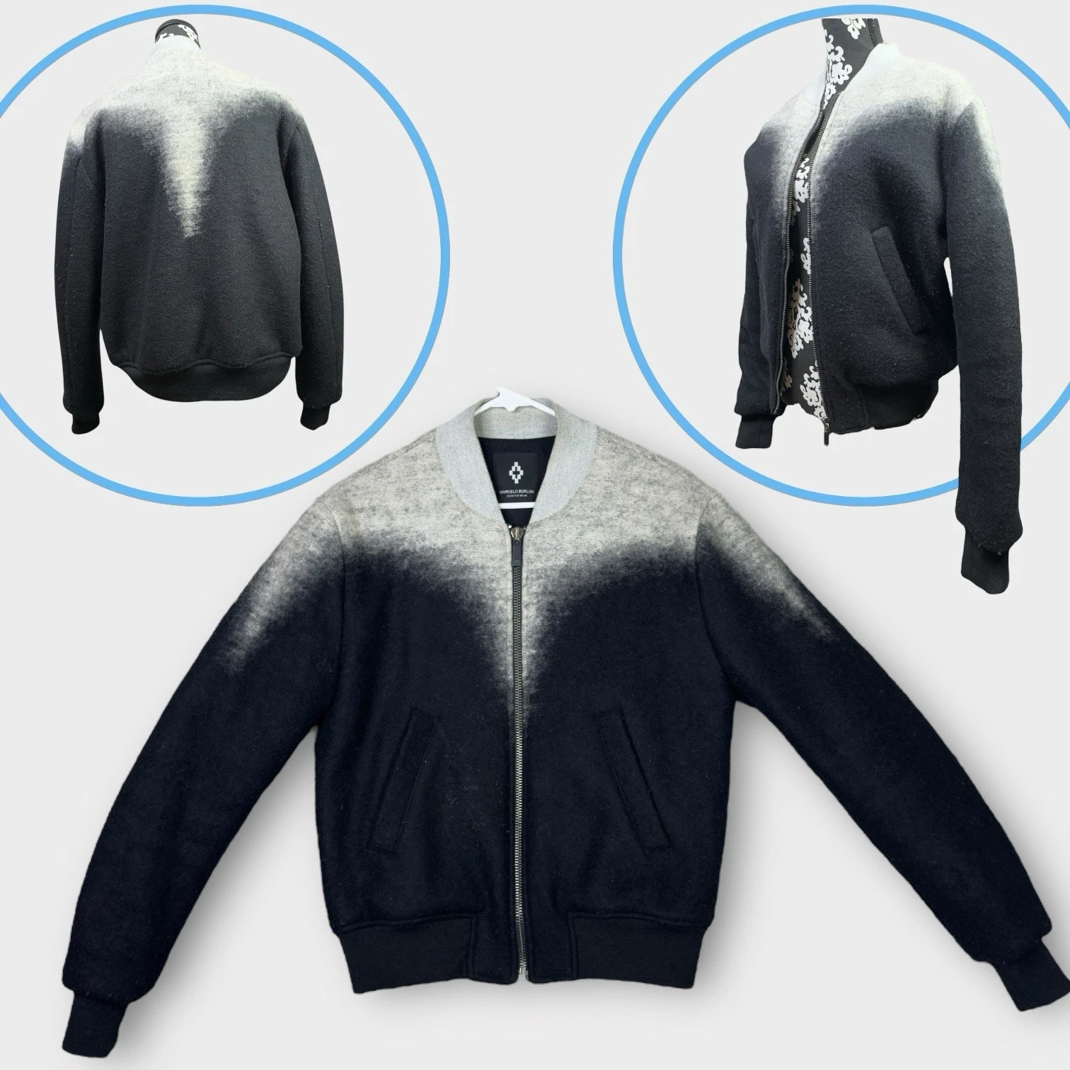 Giacca Bomber Marcelo Burlon Contea di Milano Zapaleri Misto Lana Tg S Nero Grigio