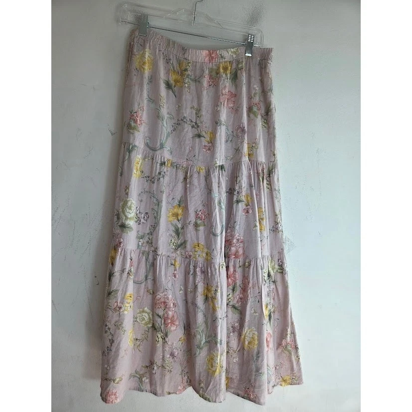 Laura Ashley Vtg Pale Pink W/Multicolor Floral Linen Pull On Maxi Skirt Medium