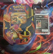 Pokemon Mega Charizard ex Tin Y - Neu leicht beschädigtes Seal + 100 Kartenhüllen