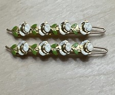 2 pc Gold Tone Metal Enamel Floral Barrettes Hair Clips White Roses Green Leaves