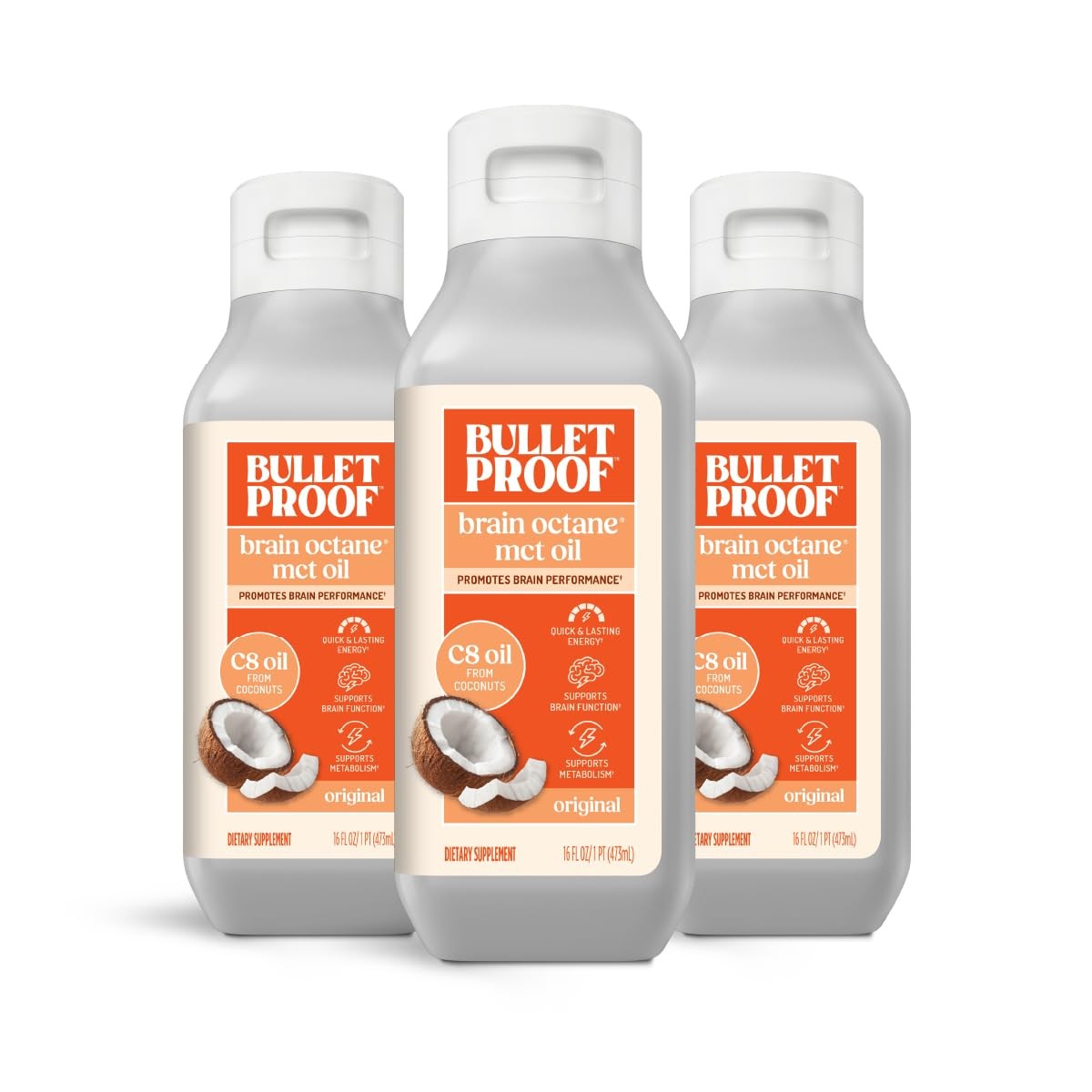 Bulletproof Coconut Brain Octane C8 MCT Oil, 16 Ounces Pack of 3, Premium Keto