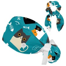 Black Cat Flower Scrub Caps Women with Buttons Sweatband and Hairband Surgica...