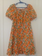 Girls Orange Print Puff Sleeve Dress med 7/8