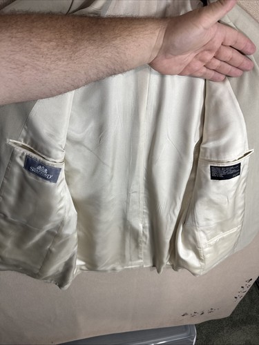 Stafford Blazer Uomo 40S Beige Spina di Pesce Due Bottoni 100% Seta Cappotto Sportivo - Foto 9 di 14