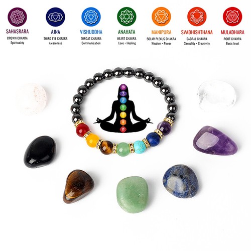 2x Energy Hematite 7 Chakra Bracelets Men Reiki Stone Weight Loss Yoga Bracelets - Picture 10 of 16