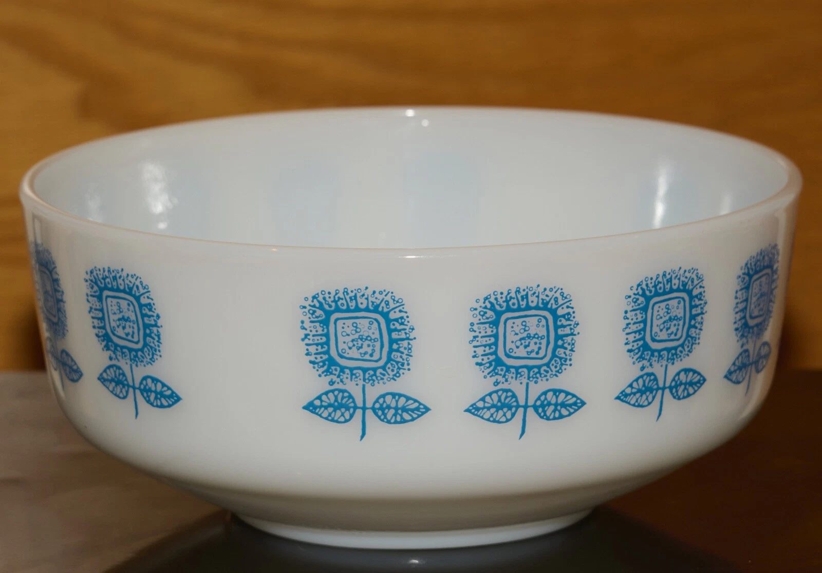 Large Vintage Federal White Milk Glass Blue Sunflower Mixing Bowl (Pyrex Style)