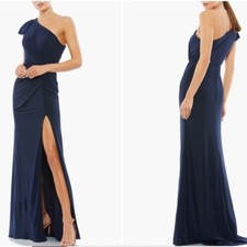 NWT Mac Duggal One-Shoulder Jersey Faux Wrap Gown In Midnight Size 16  #B758