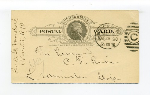 Worcester MA 1890 postcard, Rev B.D. Marshall to Rev C. Rice Leominster