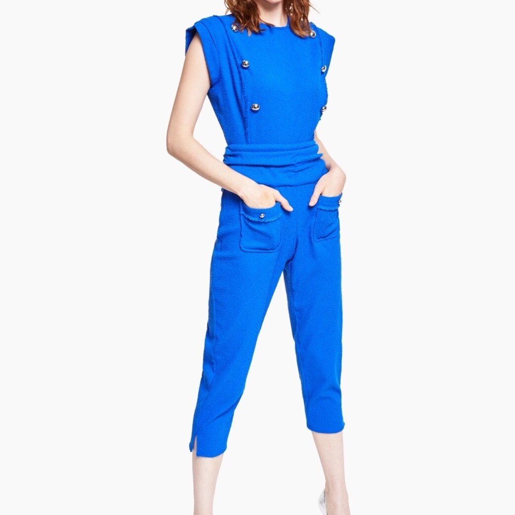 INC Womens Size 14 Cropped Leg Jumpsuit Cobalt Blue Boucle Silver Buttons  Pocket