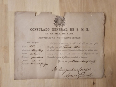 Cuban Cuba Letter 1877 MEXICO MEXICAN EMBASSY Nationality Certificate DOCUMENT!