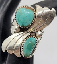 Vintage Navajo Sterling Silver Green Turquoise Double Stone Ring Size 7.5