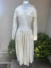Vtg White Midi Wedding Dress Satin Brocade Handmade XXS