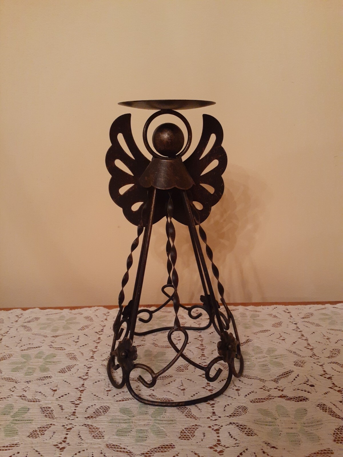 Vintage Primitive Angel Scrollled Bronze Brown Standing Metal Candle