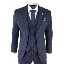Mens Tweed 3 Piece Suit Blue Check Vintage 1920s Gatsby Blinders Tailored Fit