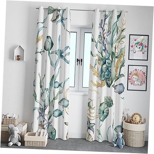 Ocean Beach Curtains,Watercolor Underwater Gold Shell Coral 42x45in Style-13