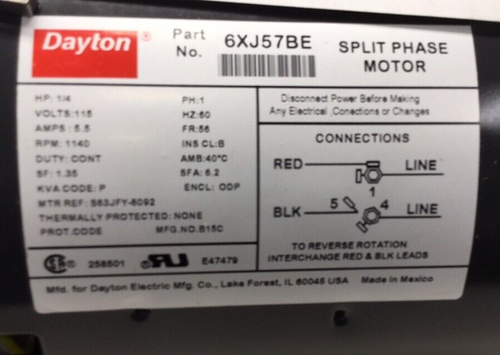 Dayton 6XJ57BE Electric Motor 1ph 1/4hp 1140rpm 115V ODP-56 S63JFY-8092 - Picture 4 of 6
