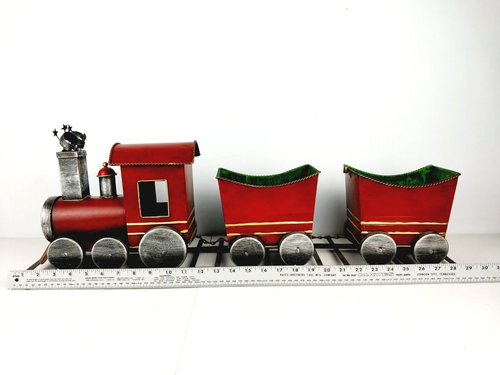 Red Tin Metal 3-Pc Toy Train On Track Large Decor 29.5" Long Boy's Bedroom - Picture 9 of 10