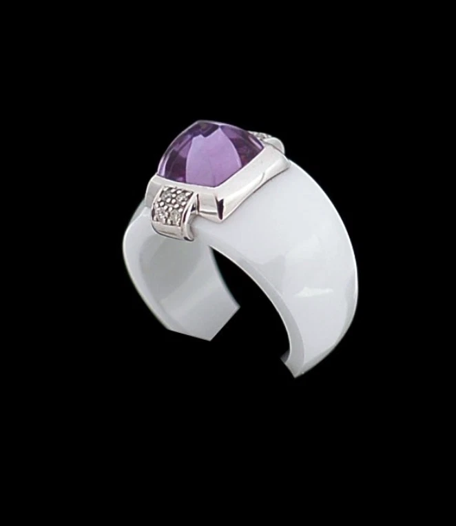 BAGUE GUY LAROCHE CERAMIQUE DIAMANT OR 18 CT AMETHYSTE TAILLE 56 - Photo 3/4