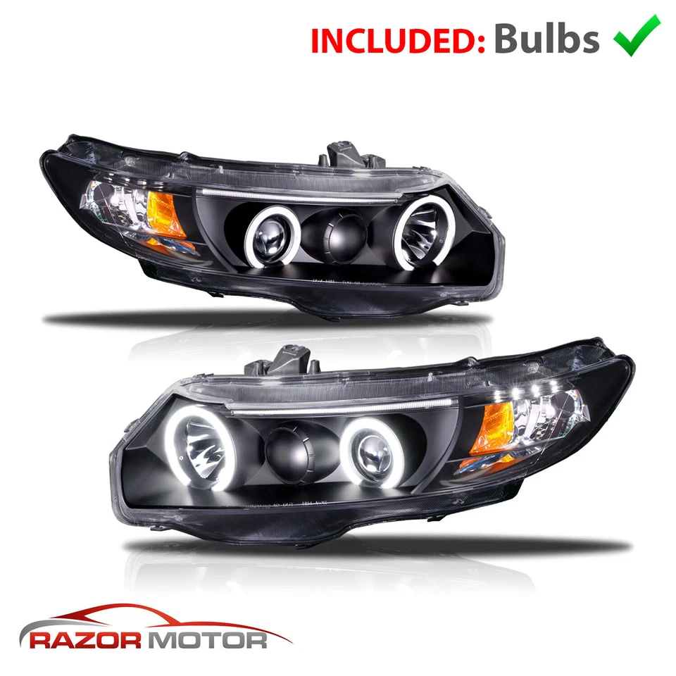 [LED Halo]For 2006 2007 2008 2009 2010 2011 Honda Civic Coupe Black Headlights - Image 4 of 4