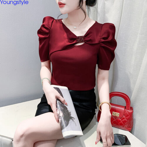 Korean Womens Puff Sleeve Beaded Summer Slim Party Cocktail Tops Blouse Shirts - Picture 2 of 20
